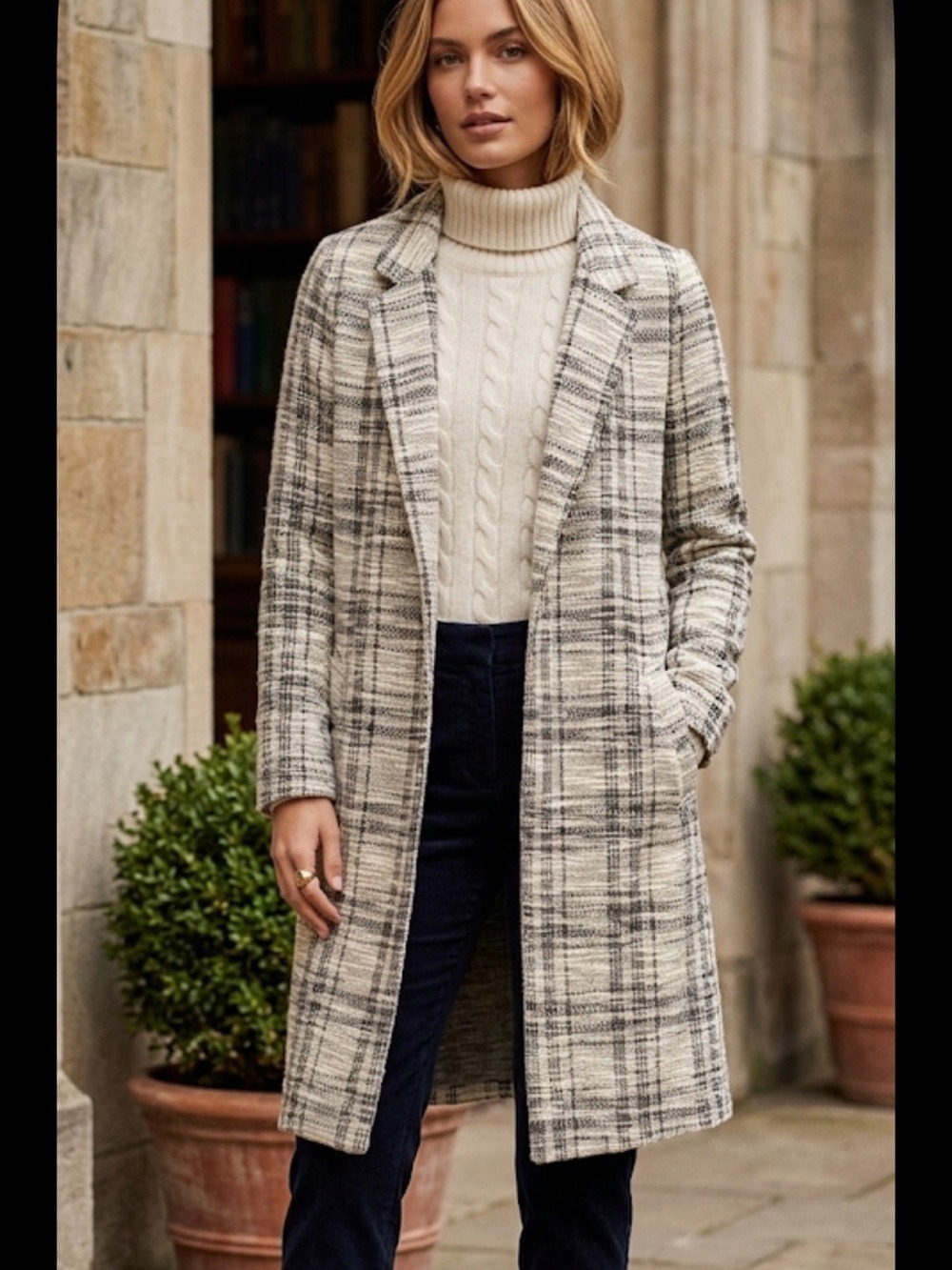 Melloday Tweed Plaid Jacket Minimalist Preppy Long Pockets Size S